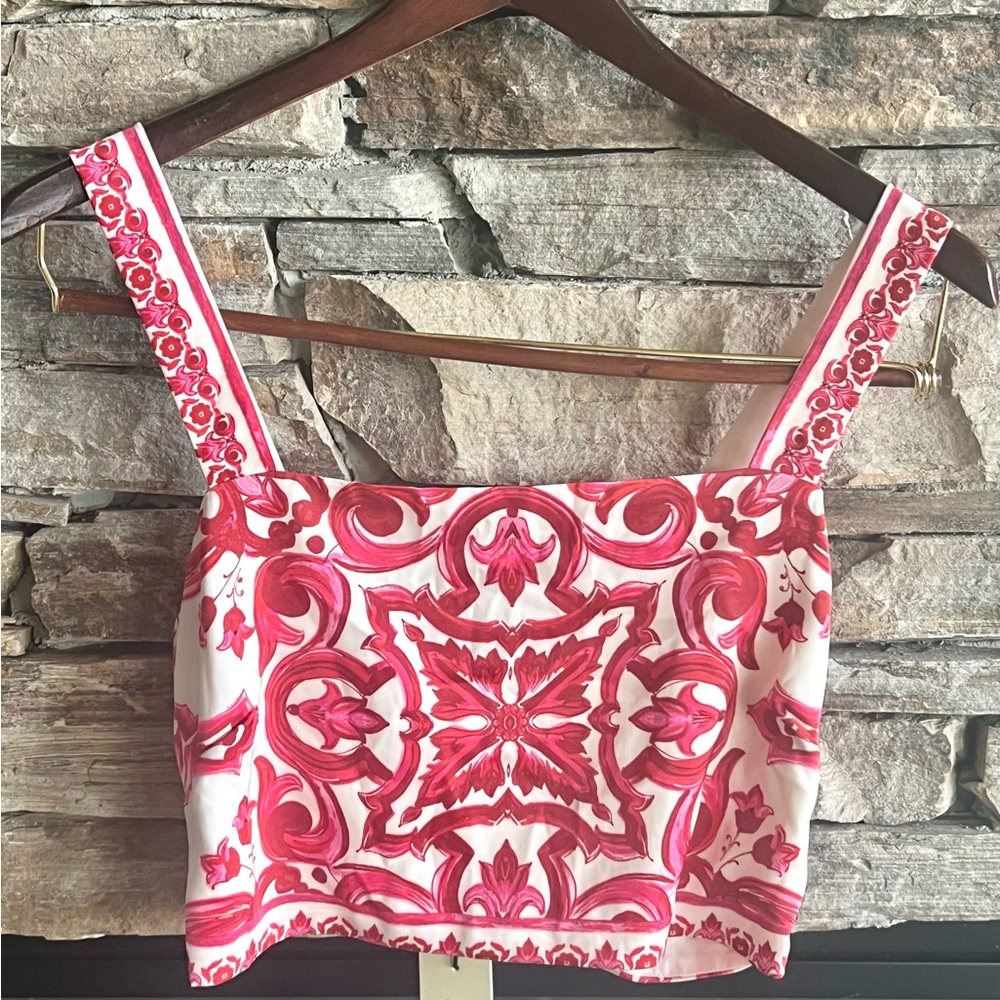 NWT Rachel Zoe Red and White Patterned Crop Top With Smocked Back